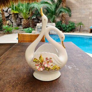 Capodimonte Double Swans Porcelain Centerpiece Vase Decor Italy